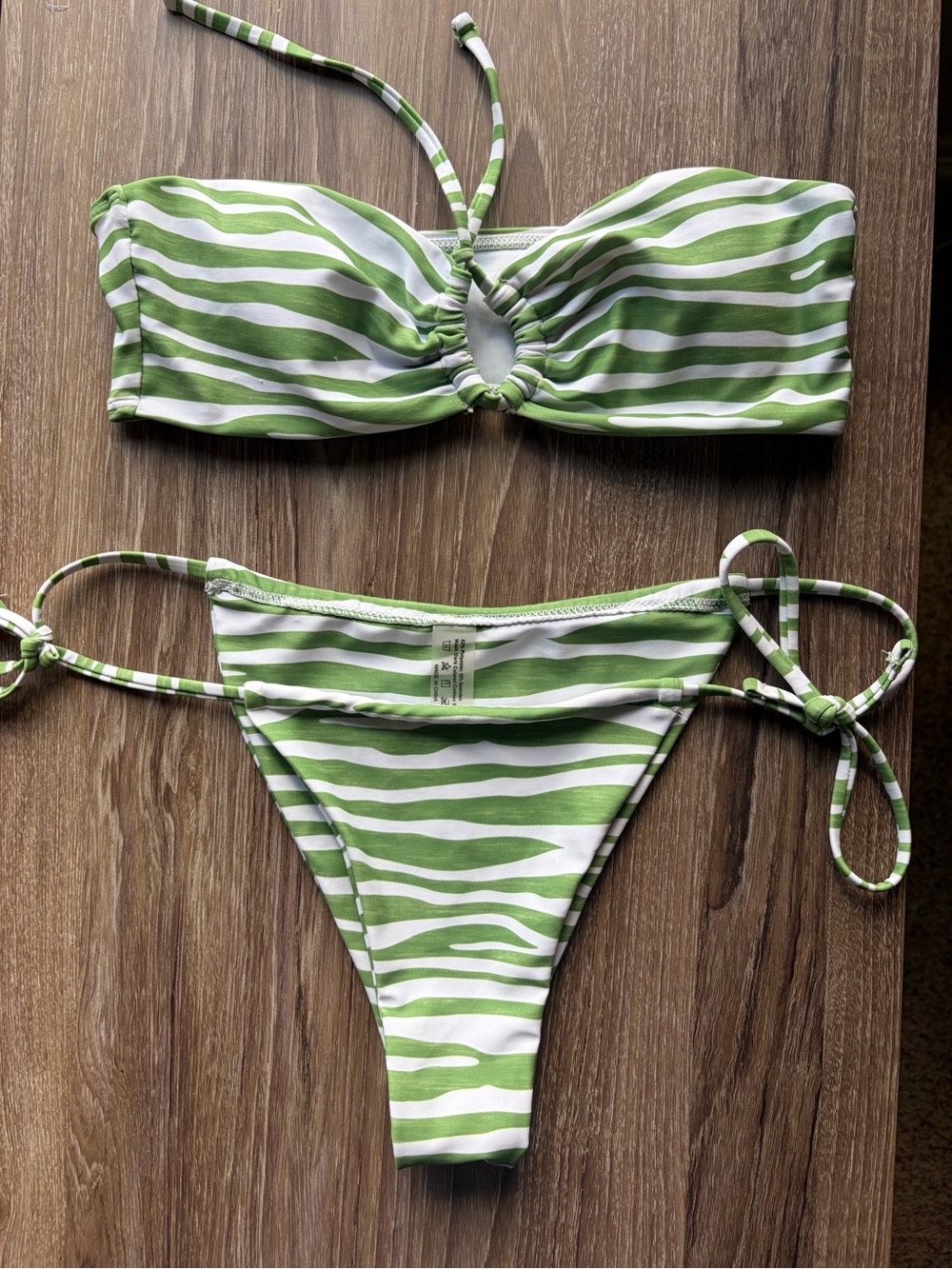 SHEIN Green & White Zebra-Print Bandeau Tie-Side Bikini